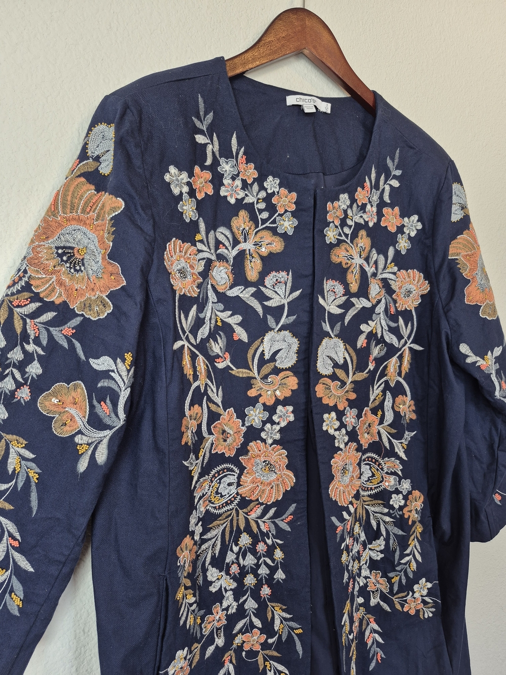 Chico's Blue Floral Embroidered Beaded Longline Duster Jacket Size 3X - Picture 2 of 6